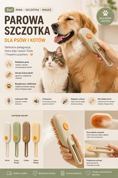 PetGlow - Parowa szczotka do pielęgnacji psów i kotów 3w1 - Szczotka z funkcją mgiełki.
